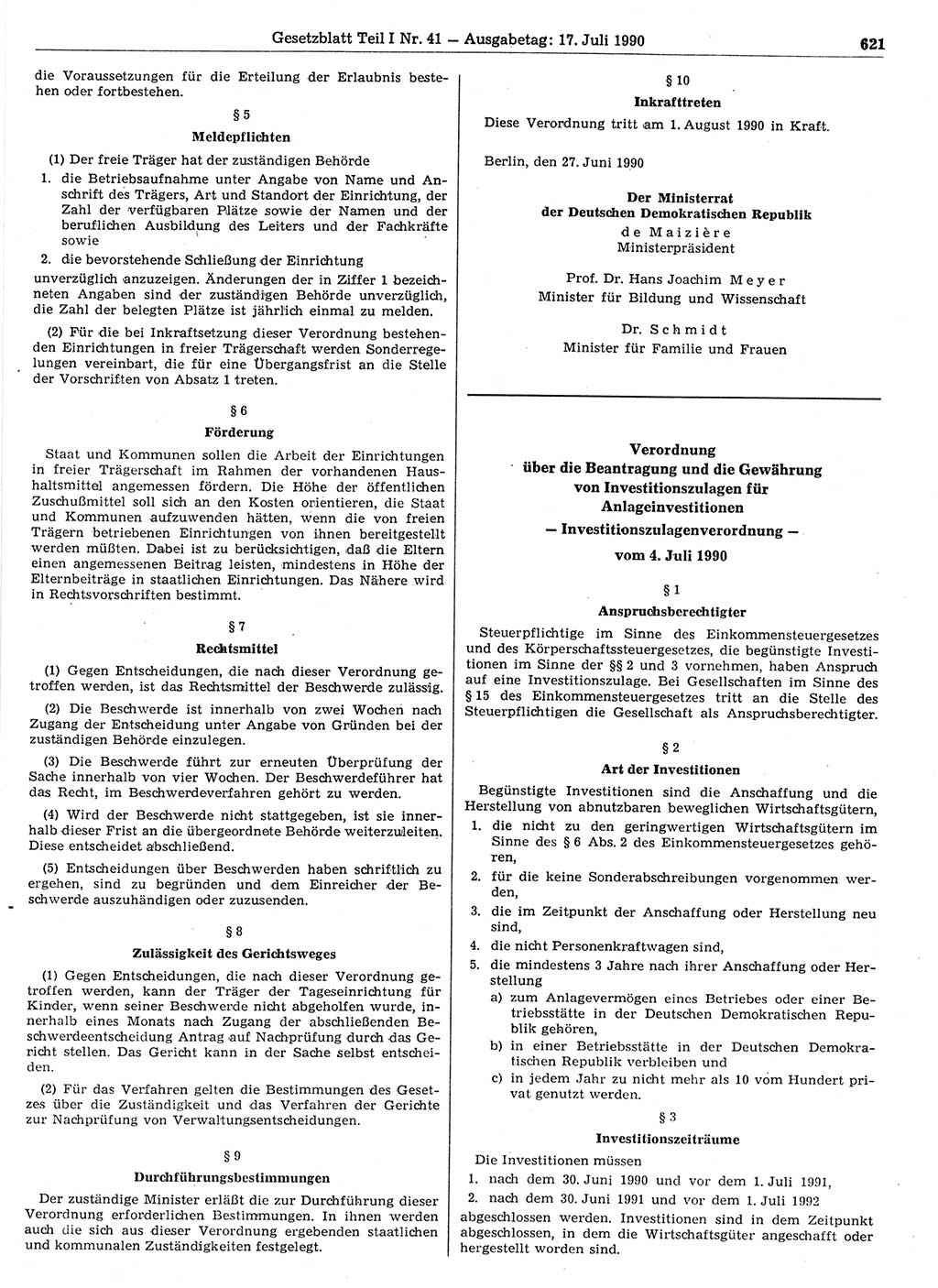 Gesetzblatt (GBl.) der Deutschen Demokratischen Republik (DDR) Teil Ⅰ 1990, Seite 621 (GBl. DDR Ⅰ 1990, S. 621)