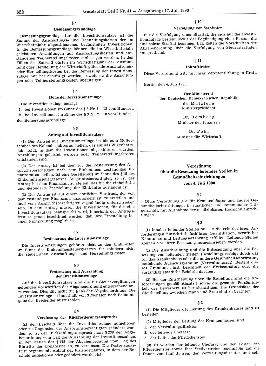 Gesetzblatt (GBl.) der Deutschen Demokratischen Republik (DDR) Teil Ⅰ 1990, Seite 622 (GBl. DDR Ⅰ 1990, S. 622)