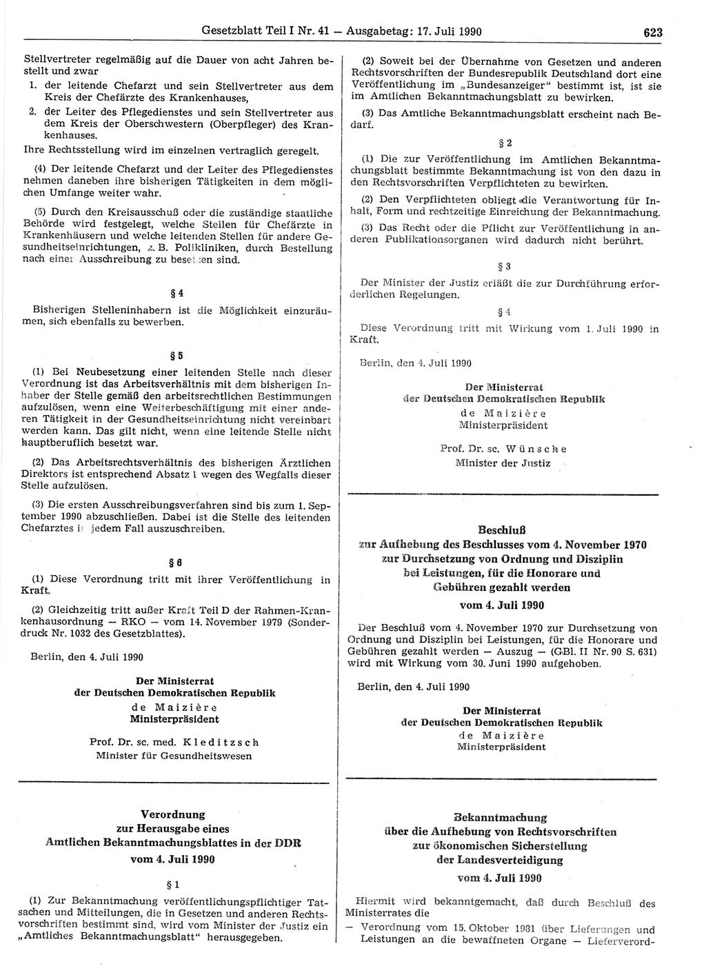 Gesetzblatt (GBl.) der Deutschen Demokratischen Republik (DDR) Teil Ⅰ 1990, Seite 623 (GBl. DDR Ⅰ 1990, S. 623)