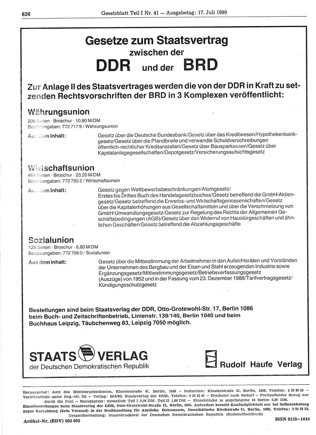 Gesetzblatt (GBl.) der Deutschen Demokratischen Republik (DDR) Teil Ⅰ 1990, Seite 626 (GBl. DDR Ⅰ 1990, S. 626)