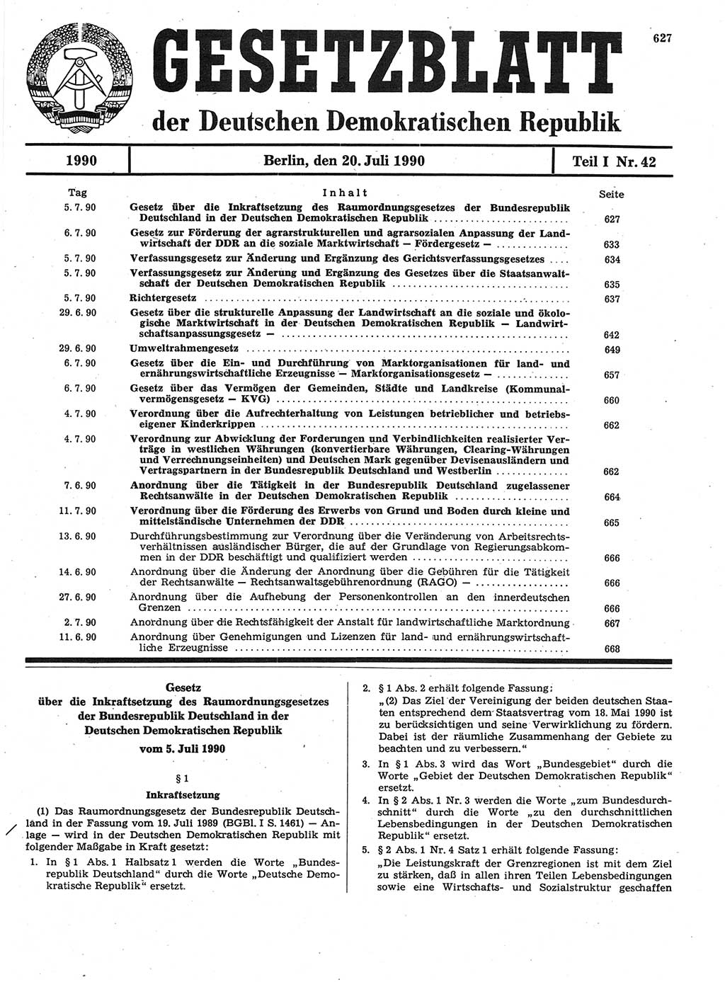 Gesetzblatt (GBl.) der Deutschen Demokratischen Republik (DDR) Teil Ⅰ 1990, Seite 627 (GBl. DDR Ⅰ 1990, S. 627)