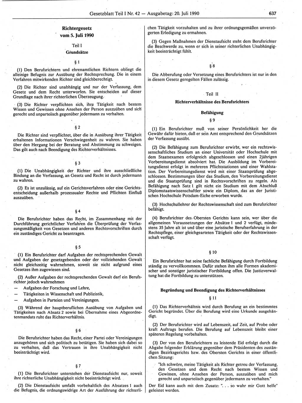 Gesetzblatt (GBl.) der Deutschen Demokratischen Republik (DDR) Teil Ⅰ 1990, Seite 637 (GBl. DDR Ⅰ 1990, S. 637)