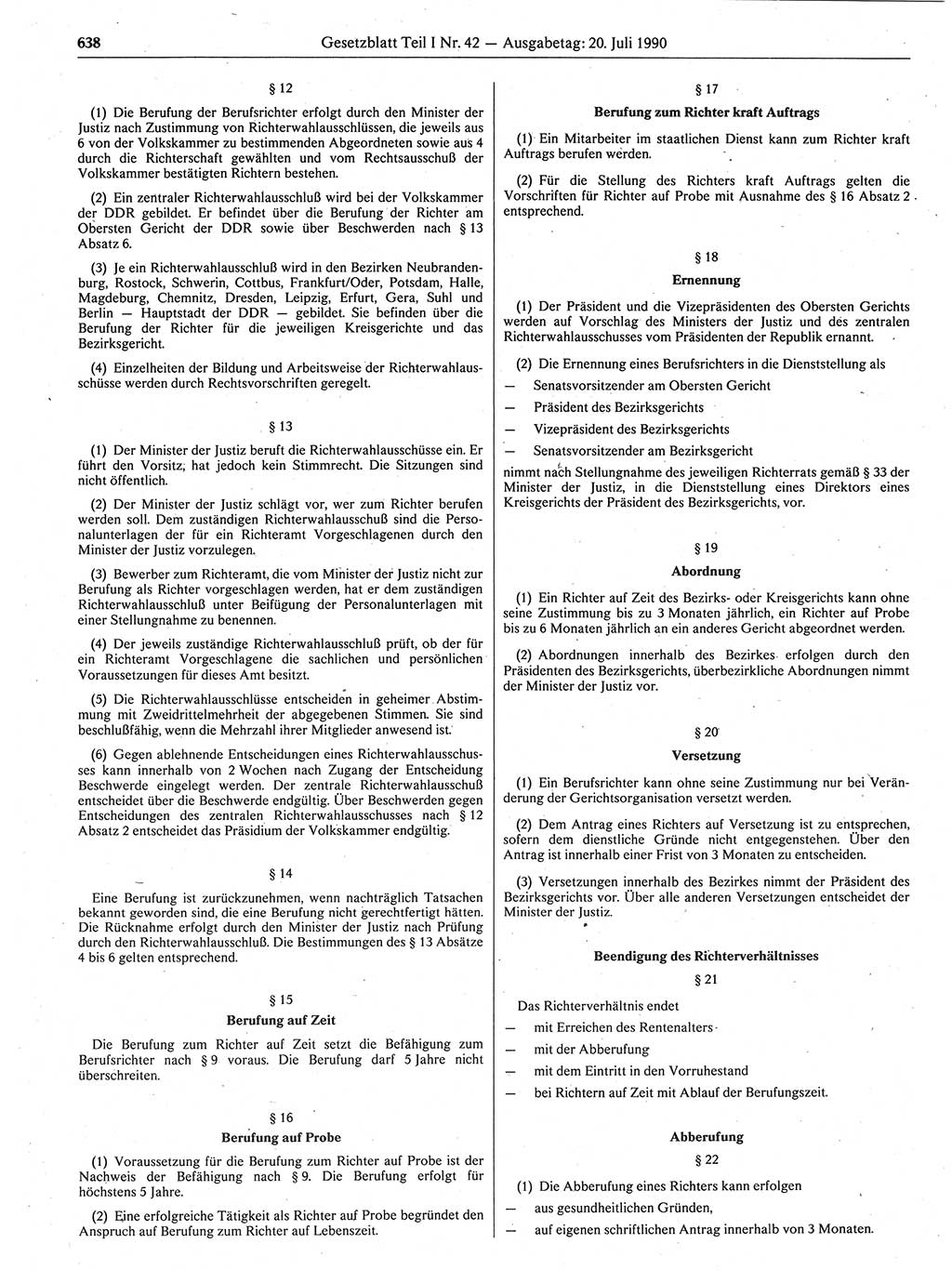 Gesetzblatt (GBl.) der Deutschen Demokratischen Republik (DDR) Teil Ⅰ 1990, Seite 638 (GBl. DDR Ⅰ 1990, S. 638)