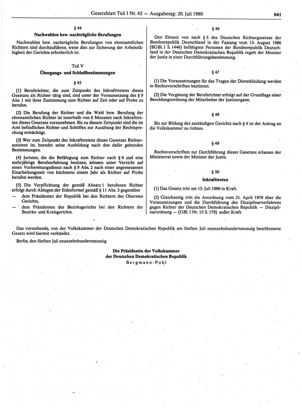 Gesetzblatt (GBl.) der Deutschen Demokratischen Republik (DDR) Teil Ⅰ 1990, Seite 641 (GBl. DDR Ⅰ 1990, S. 641)