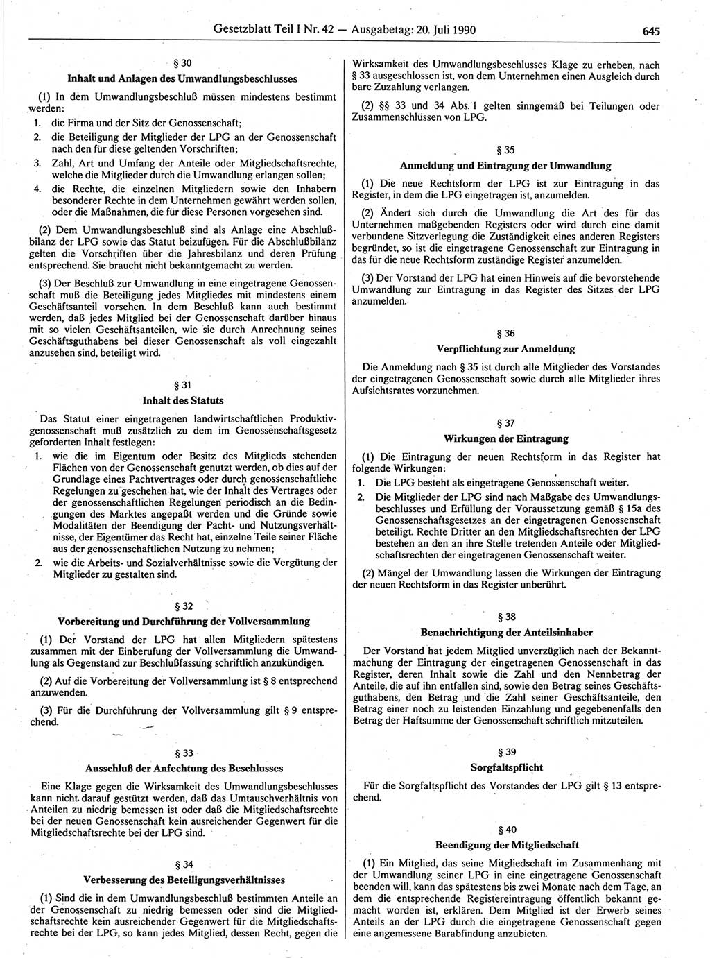 Gesetzblatt (GBl.) der Deutschen Demokratischen Republik (DDR) Teil Ⅰ 1990, Seite 645 (GBl. DDR Ⅰ 1990, S. 645)