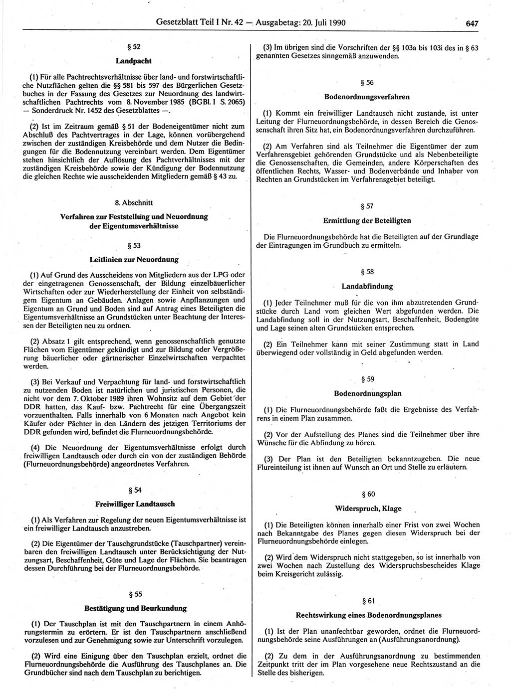 Gesetzblatt (GBl.) der Deutschen Demokratischen Republik (DDR) Teil Ⅰ 1990, Seite 647 (GBl. DDR Ⅰ 1990, S. 647)