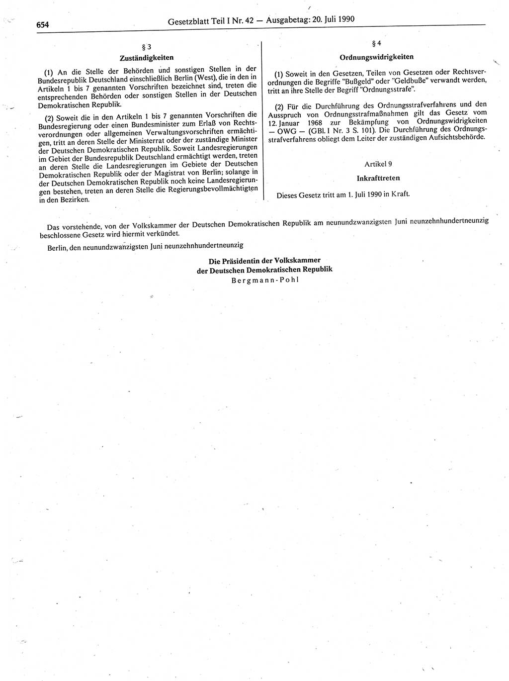 Gesetzblatt (GBl.) der Deutschen Demokratischen Republik (DDR) Teil Ⅰ 1990, Seite 654 (GBl. DDR Ⅰ 1990, S. 654)