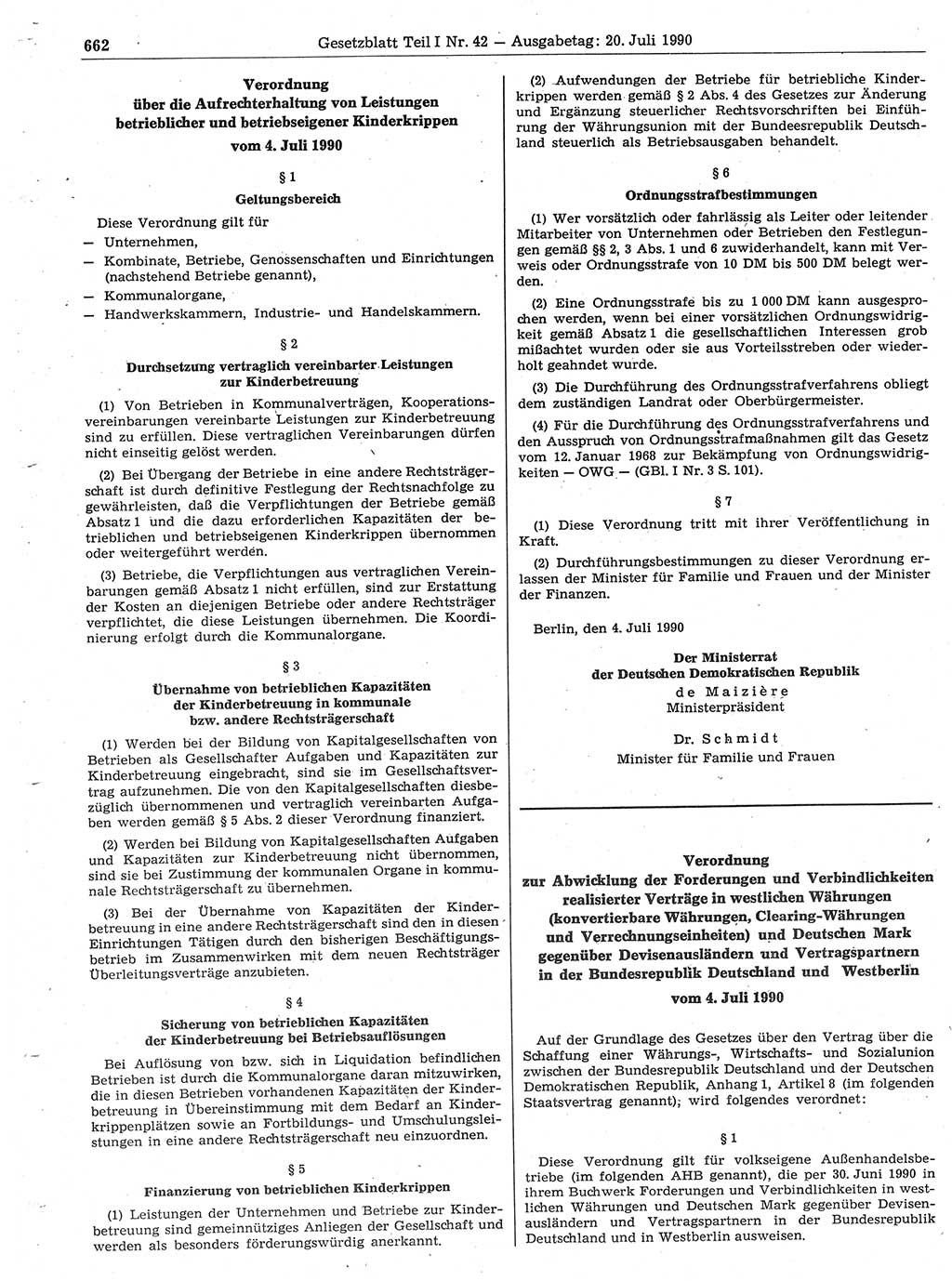 Gesetzblatt (GBl.) der Deutschen Demokratischen Republik (DDR) Teil Ⅰ 1990, Seite 662 (GBl. DDR Ⅰ 1990, S. 662)