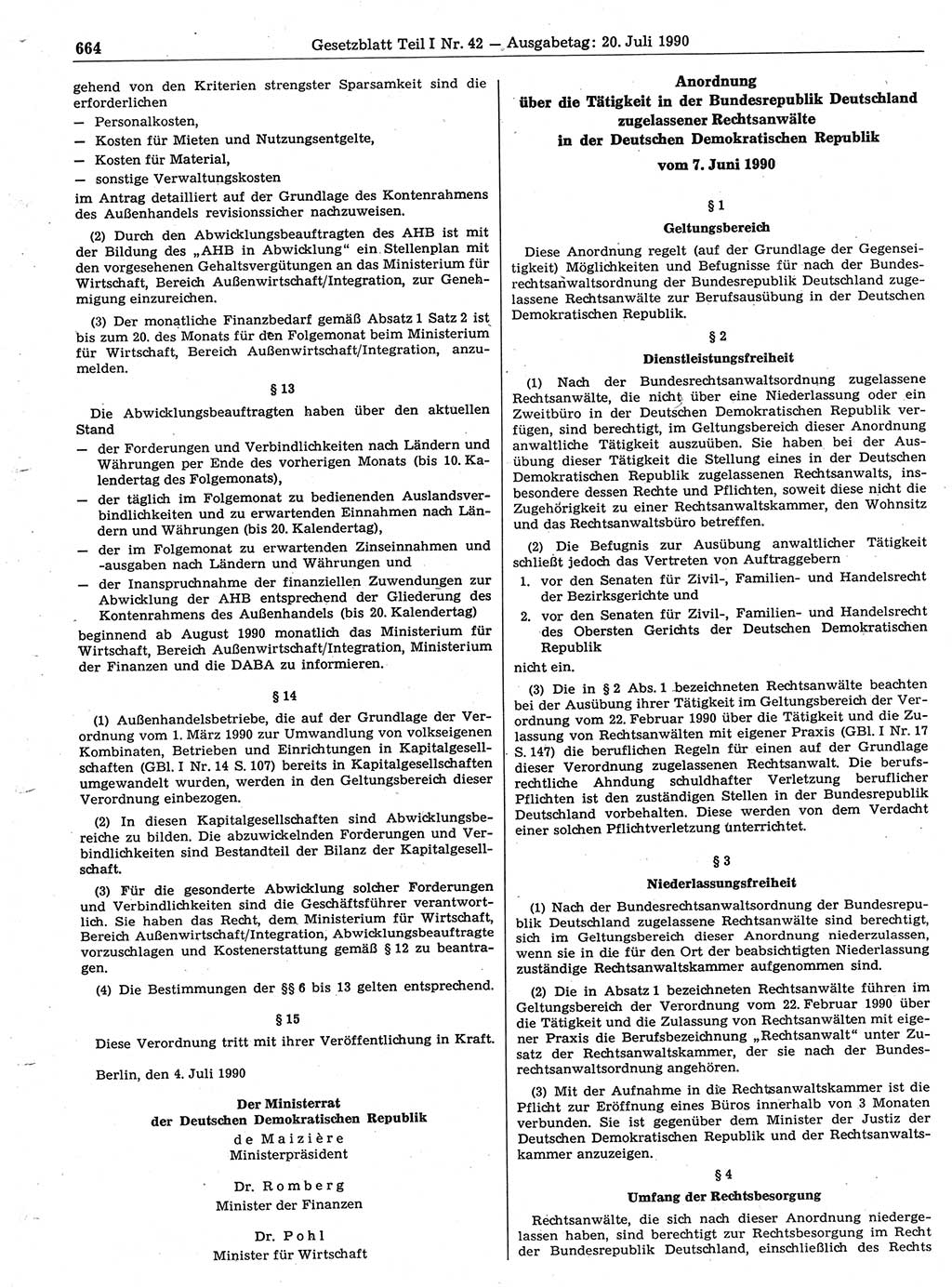 Gesetzblatt (GBl.) der Deutschen Demokratischen Republik (DDR) Teil Ⅰ 1990, Seite 664 (GBl. DDR Ⅰ 1990, S. 664)
