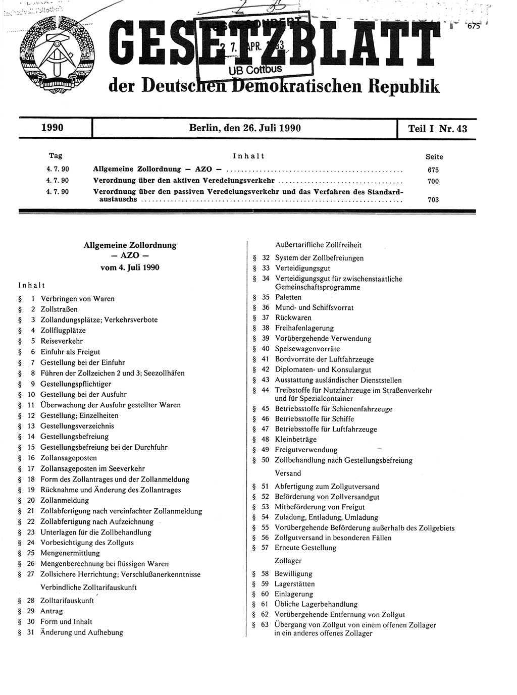 Gesetzblatt (GBl.) der Deutschen Demokratischen Republik (DDR) Teil Ⅰ 1990, Seite 675 (GBl. DDR Ⅰ 1990, S. 675)