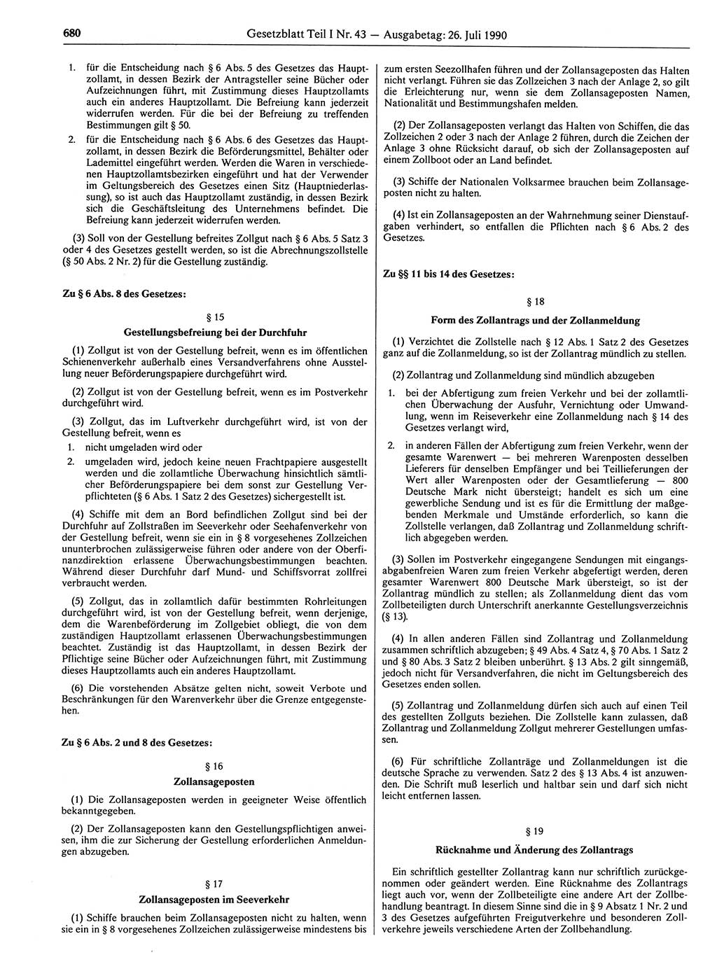 Gesetzblatt (GBl.) der Deutschen Demokratischen Republik (DDR) Teil Ⅰ 1990, Seite 680 (GBl. DDR Ⅰ 1990, S. 680)