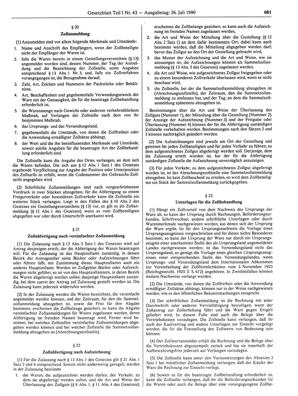 Gesetzblatt (GBl.) der Deutschen Demokratischen Republik (DDR) Teil Ⅰ 1990, Seite 681 (GBl. DDR Ⅰ 1990, S. 681)