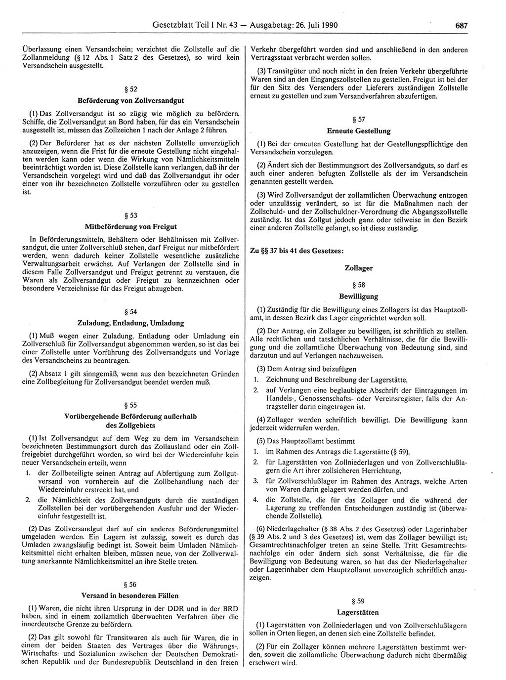 Gesetzblatt (GBl.) der Deutschen Demokratischen Republik (DDR) Teil Ⅰ 1990, Seite 687 (GBl. DDR Ⅰ 1990, S. 687)