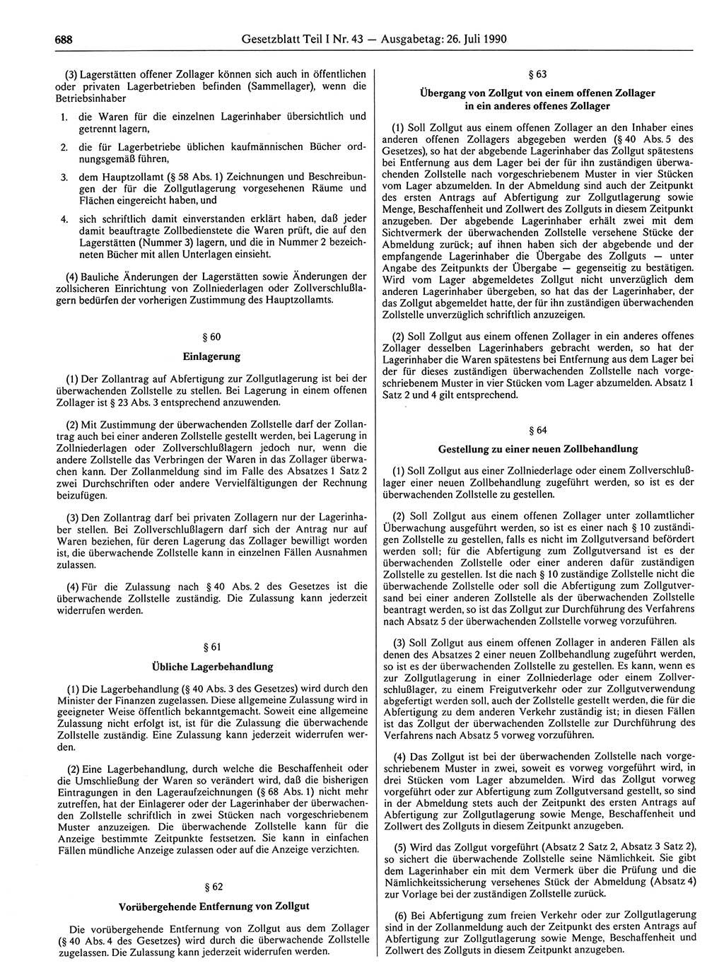 Gesetzblatt (GBl.) der Deutschen Demokratischen Republik (DDR) Teil Ⅰ 1990, Seite 688 (GBl. DDR Ⅰ 1990, S. 688)