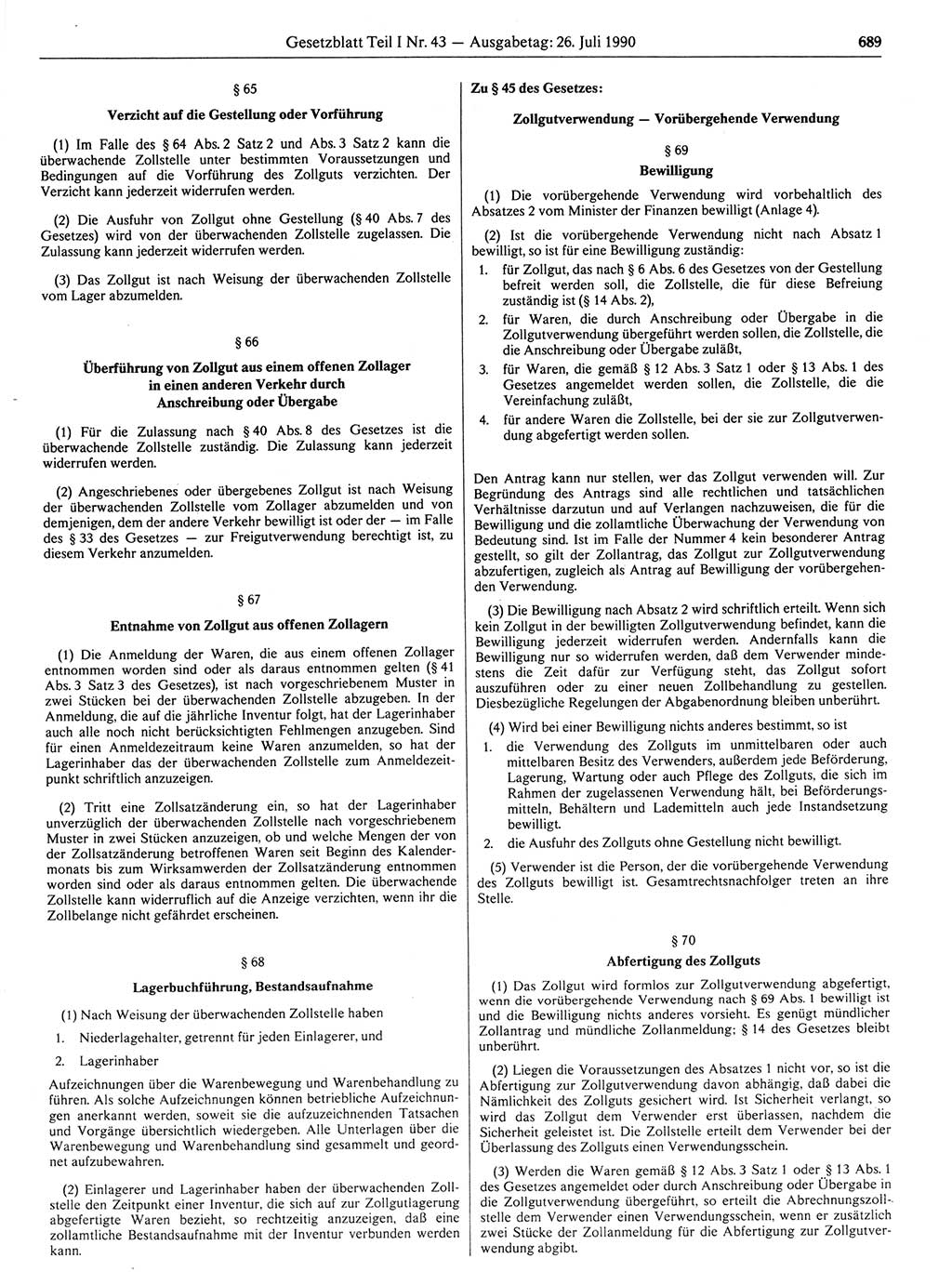 Gesetzblatt (GBl.) der Deutschen Demokratischen Republik (DDR) Teil Ⅰ 1990, Seite 689 (GBl. DDR Ⅰ 1990, S. 689)