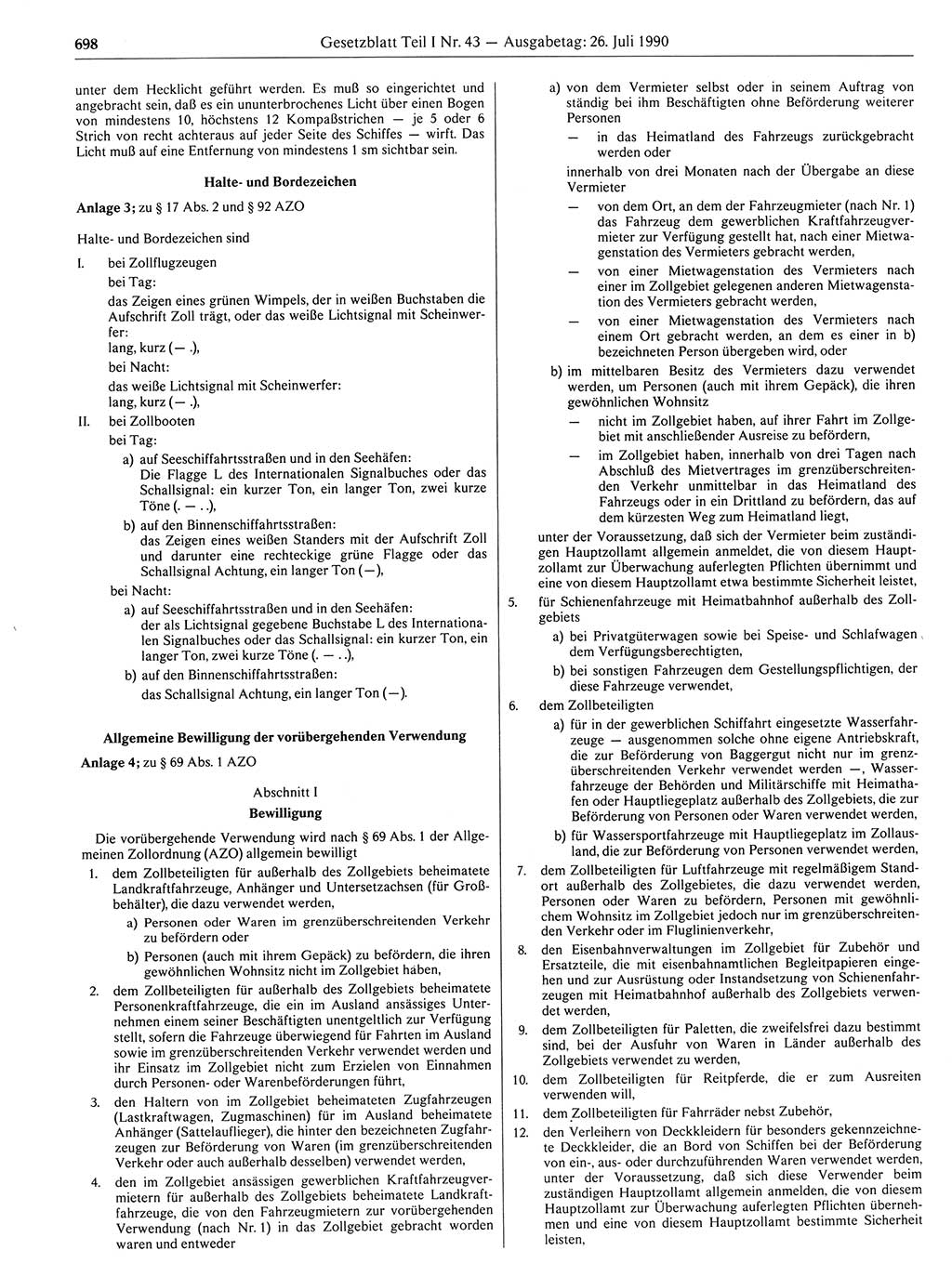 Gesetzblatt (GBl.) der Deutschen Demokratischen Republik (DDR) Teil Ⅰ 1990, Seite 698 (GBl. DDR Ⅰ 1990, S. 698)
