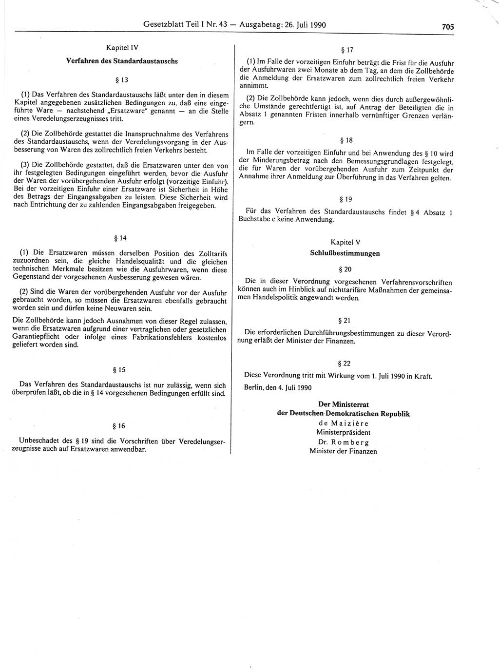Gesetzblatt (GBl.) der Deutschen Demokratischen Republik (DDR) Teil Ⅰ 1990, Seite 705 (GBl. DDR Ⅰ 1990, S. 705)