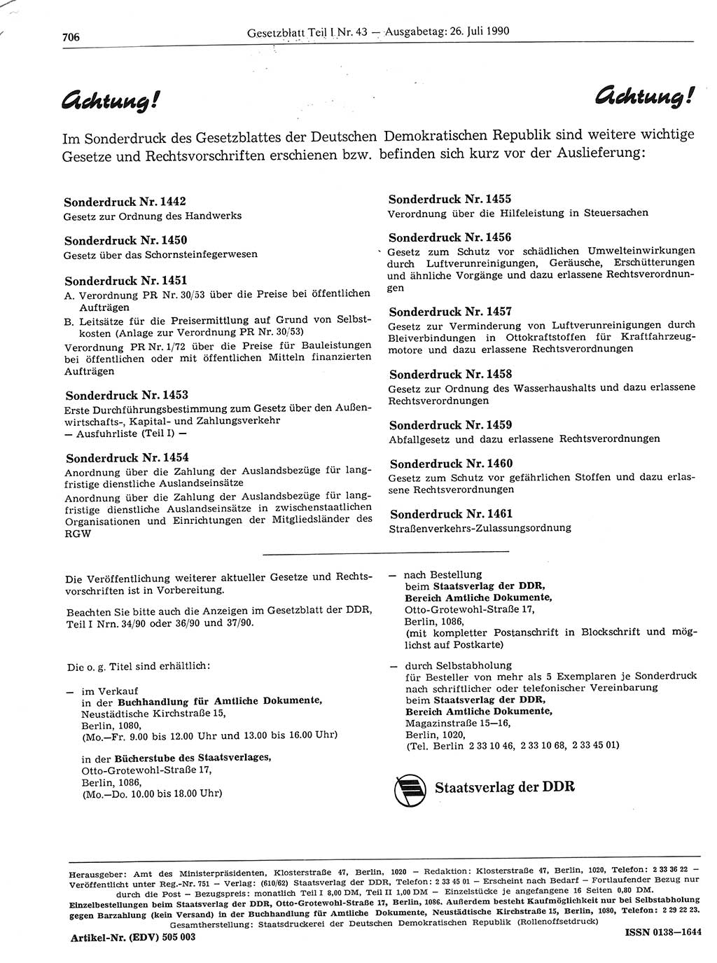 Gesetzblatt (GBl.) der Deutschen Demokratischen Republik (DDR) Teil Ⅰ 1990, Seite 706 (GBl. DDR Ⅰ 1990, S. 706)