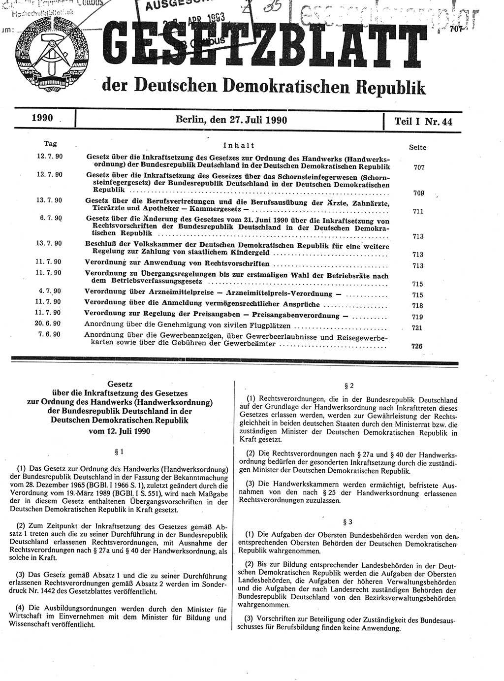 Gesetzblatt (GBl.) der Deutschen Demokratischen Republik (DDR) Teil Ⅰ 1990, Seite 707 (GBl. DDR Ⅰ 1990, S. 707)