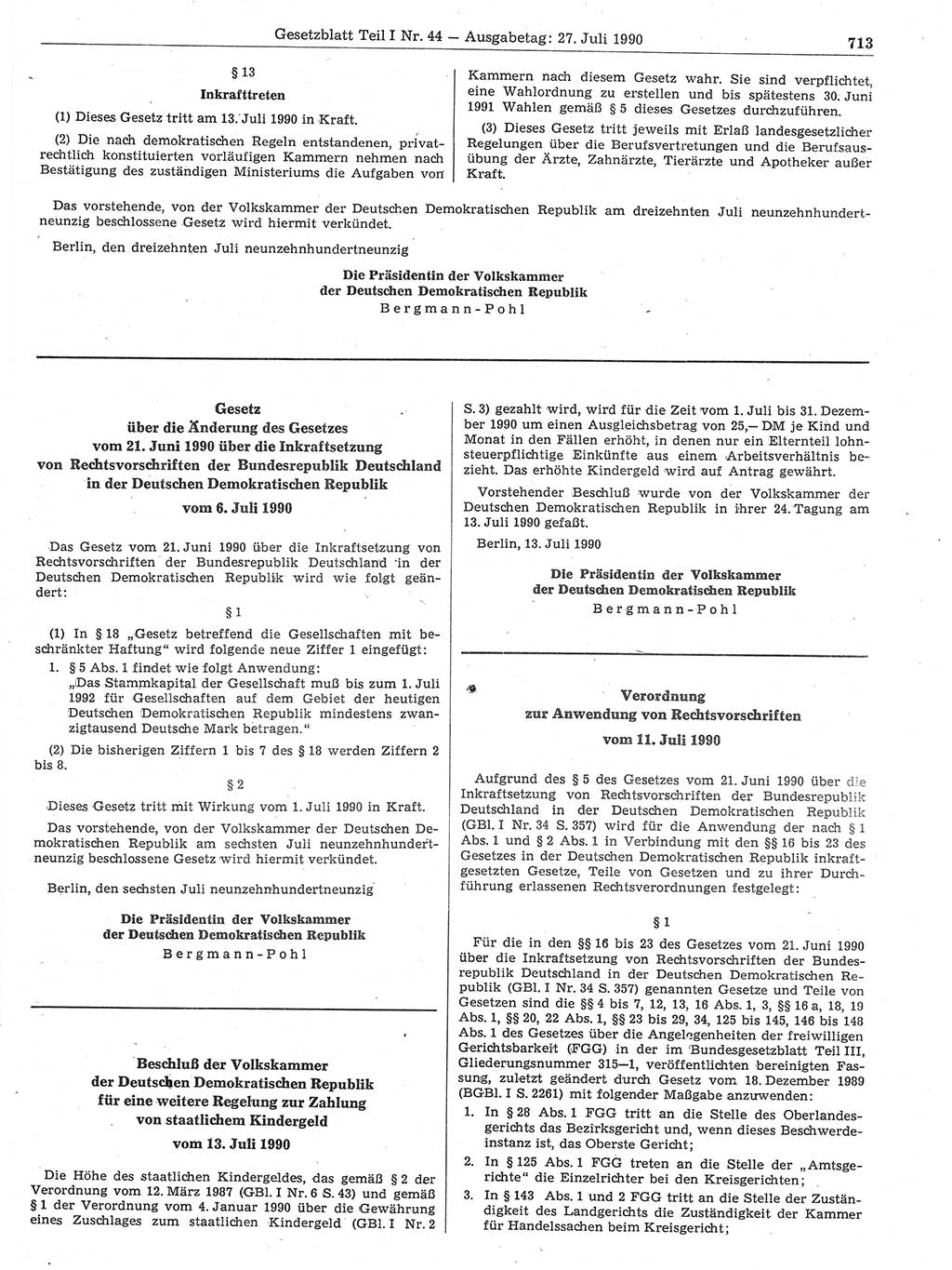 Gesetzblatt (GBl.) der Deutschen Demokratischen Republik (DDR) Teil Ⅰ 1990, Seite 713 (GBl. DDR Ⅰ 1990, S. 713)