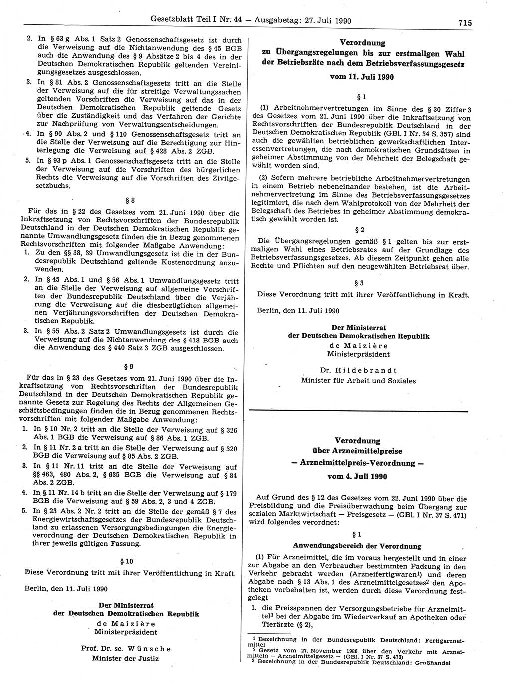 Gesetzblatt (GBl.) der Deutschen Demokratischen Republik (DDR) Teil Ⅰ 1990, Seite 715 (GBl. DDR Ⅰ 1990, S. 715)