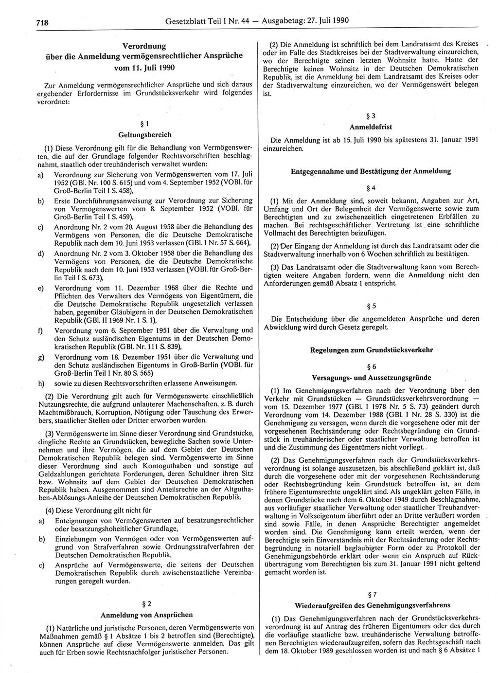 Gesetzblatt (GBl.) der Deutschen Demokratischen Republik (DDR) Teil Ⅰ 1990, Seite 718 (GBl. DDR Ⅰ 1990, S. 718)