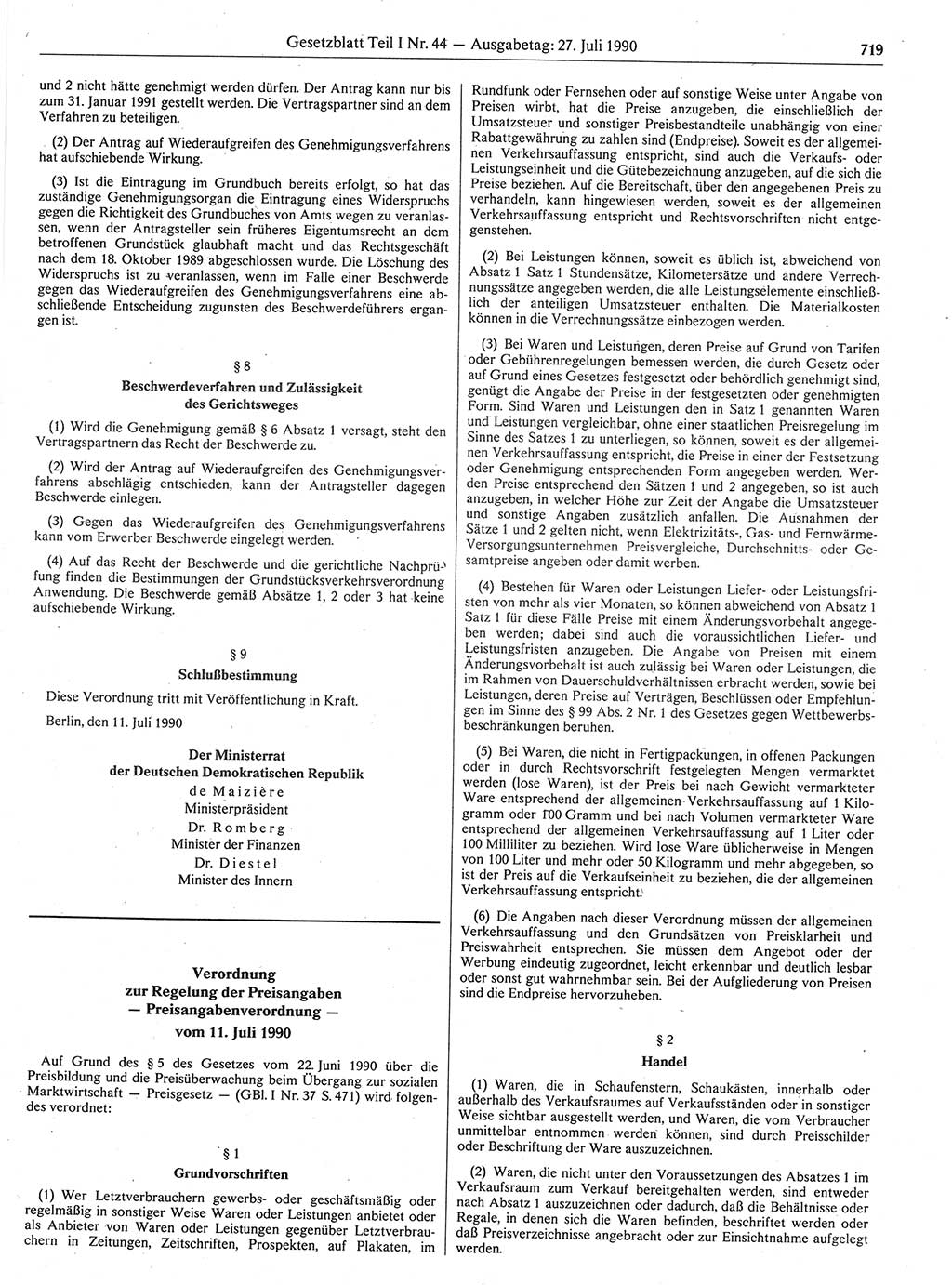 Gesetzblatt (GBl.) der Deutschen Demokratischen Republik (DDR) Teil Ⅰ 1990, Seite 719 (GBl. DDR Ⅰ 1990, S. 719)