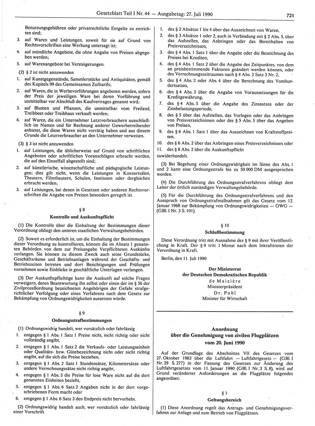 Gesetzblatt (GBl.) der Deutschen Demokratischen Republik (DDR) Teil Ⅰ 1990, Seite 721 (GBl. DDR Ⅰ 1990, S. 721)