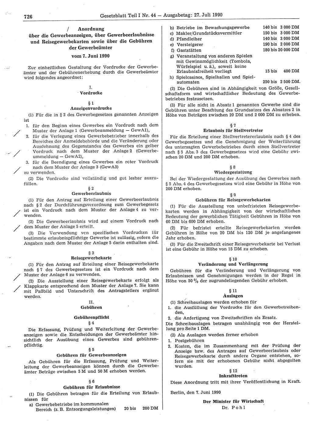 Gesetzblatt (GBl.) der Deutschen Demokratischen Republik (DDR) Teil Ⅰ 1990, Seite 726 (GBl. DDR Ⅰ 1990, S. 726)