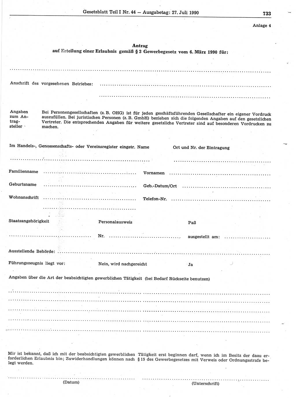 Gesetzblatt (GBl.) der Deutschen Demokratischen Republik (DDR) Teil Ⅰ 1990, Seite 733 (GBl. DDR Ⅰ 1990, S. 733)