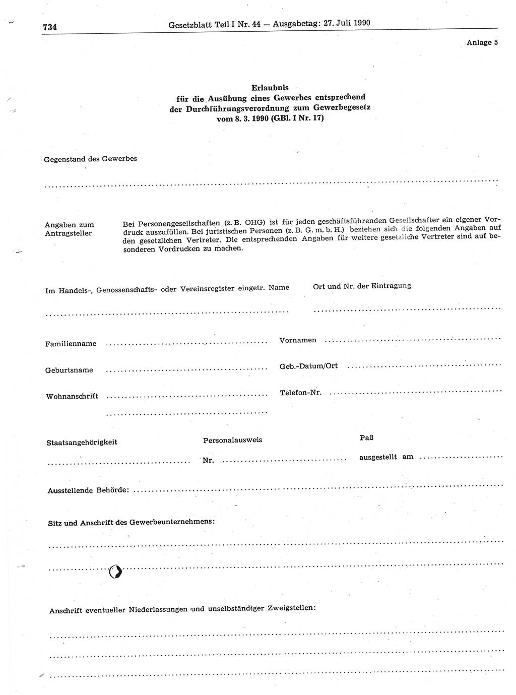 Gesetzblatt (GBl.) der Deutschen Demokratischen Republik (DDR) Teil Ⅰ 1990, Seite 734 (GBl. DDR Ⅰ 1990, S. 734)