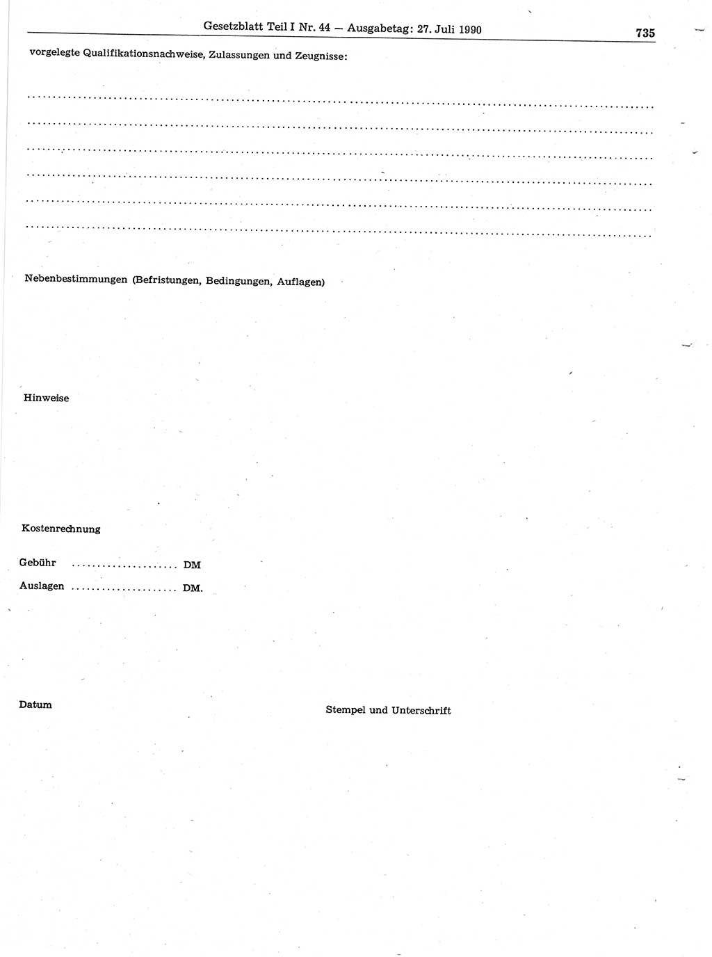 Gesetzblatt (GBl.) der Deutschen Demokratischen Republik (DDR) Teil Ⅰ 1990, Seite 735 (GBl. DDR Ⅰ 1990, S. 735)