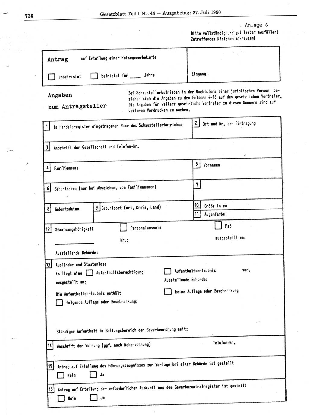 Gesetzblatt (GBl.) der Deutschen Demokratischen Republik (DDR) Teil Ⅰ 1990, Seite 736 (GBl. DDR Ⅰ 1990, S. 736)