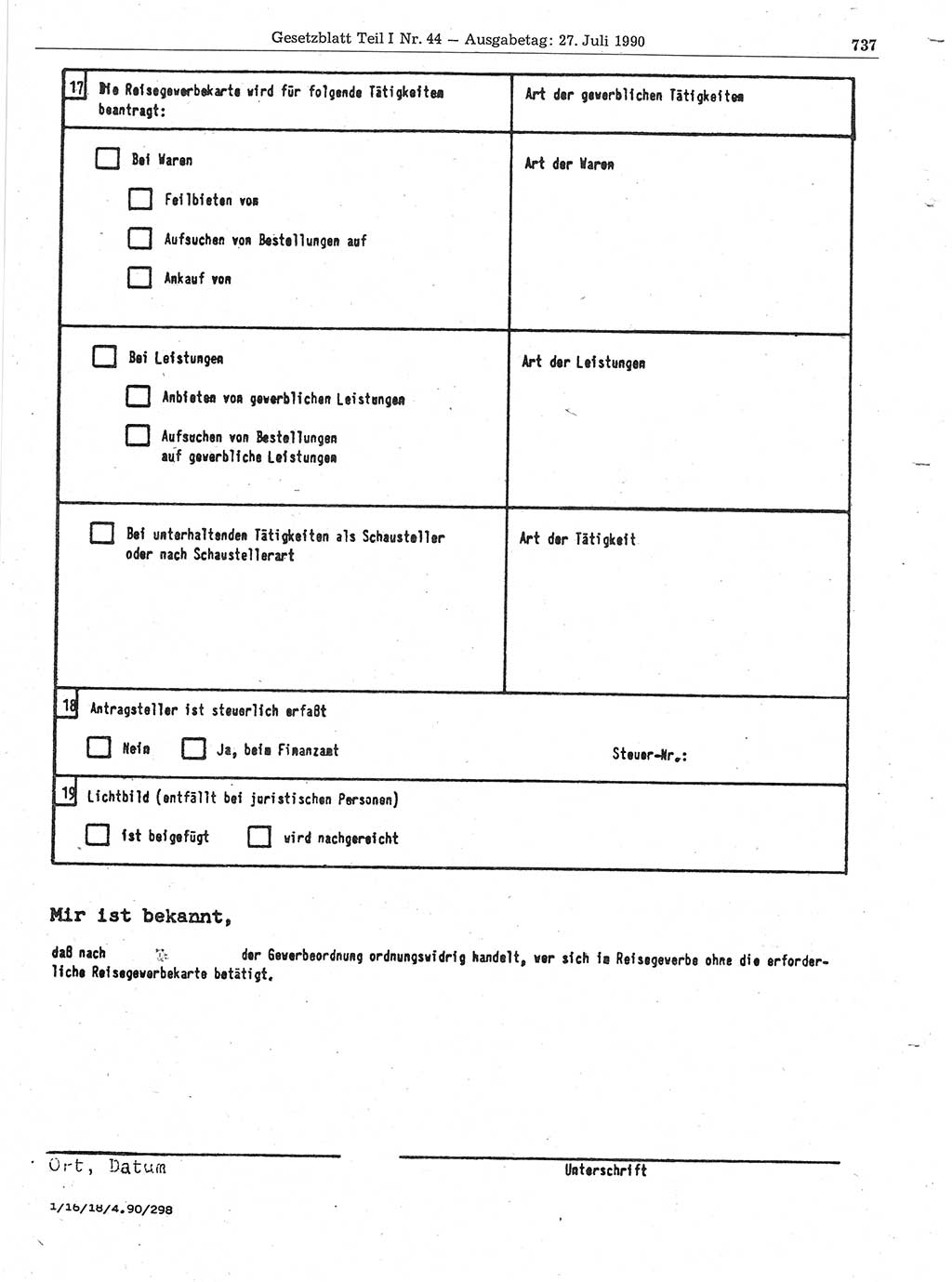 Gesetzblatt (GBl.) der Deutschen Demokratischen Republik (DDR) Teil Ⅰ 1990, Seite 737 (GBl. DDR Ⅰ 1990, S. 737)