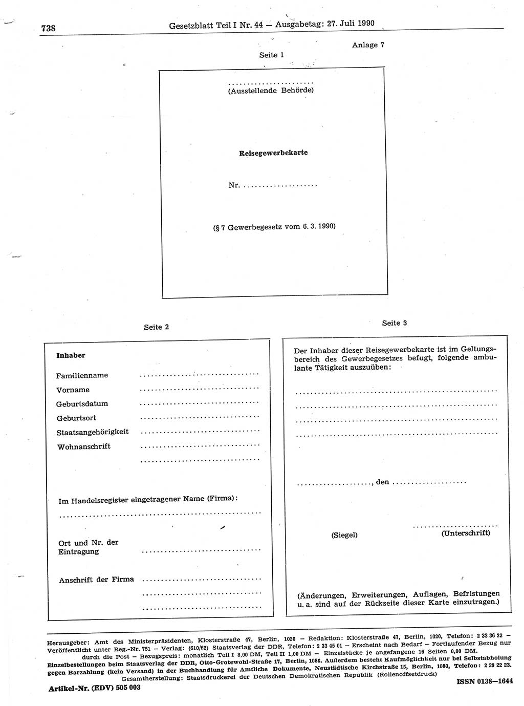 Gesetzblatt (GBl.) der Deutschen Demokratischen Republik (DDR) Teil Ⅰ 1990, Seite 738 (GBl. DDR Ⅰ 1990, S. 738)