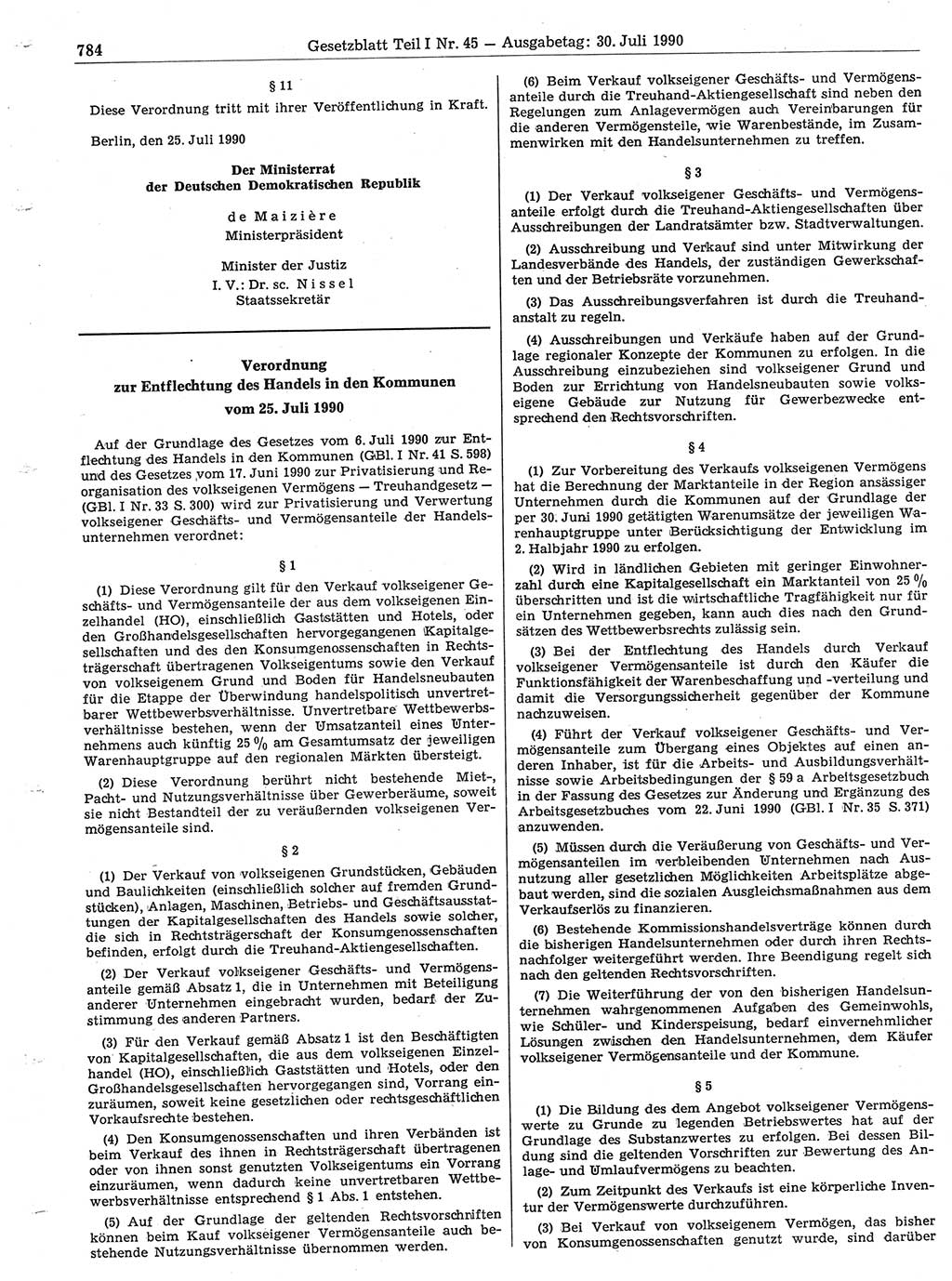 Gesetzblatt (GBl.) der Deutschen Demokratischen Republik (DDR) Teil Ⅰ 1990, Seite 784 (GBl. DDR Ⅰ 1990, S. 784)