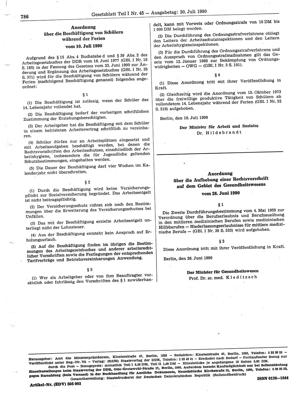 Gesetzblatt (GBl.) der Deutschen Demokratischen Republik (DDR) Teil Ⅰ 1990, Seite 786 (GBl. DDR Ⅰ 1990, S. 786)