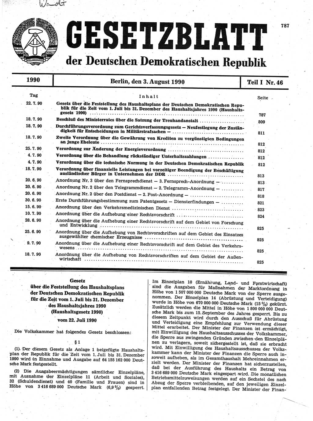 Gesetzblatt (GBl.) der Deutschen Demokratischen Republik (DDR) Teil Ⅰ 1990, Seite 787 (GBl. DDR Ⅰ 1990, S. 787)