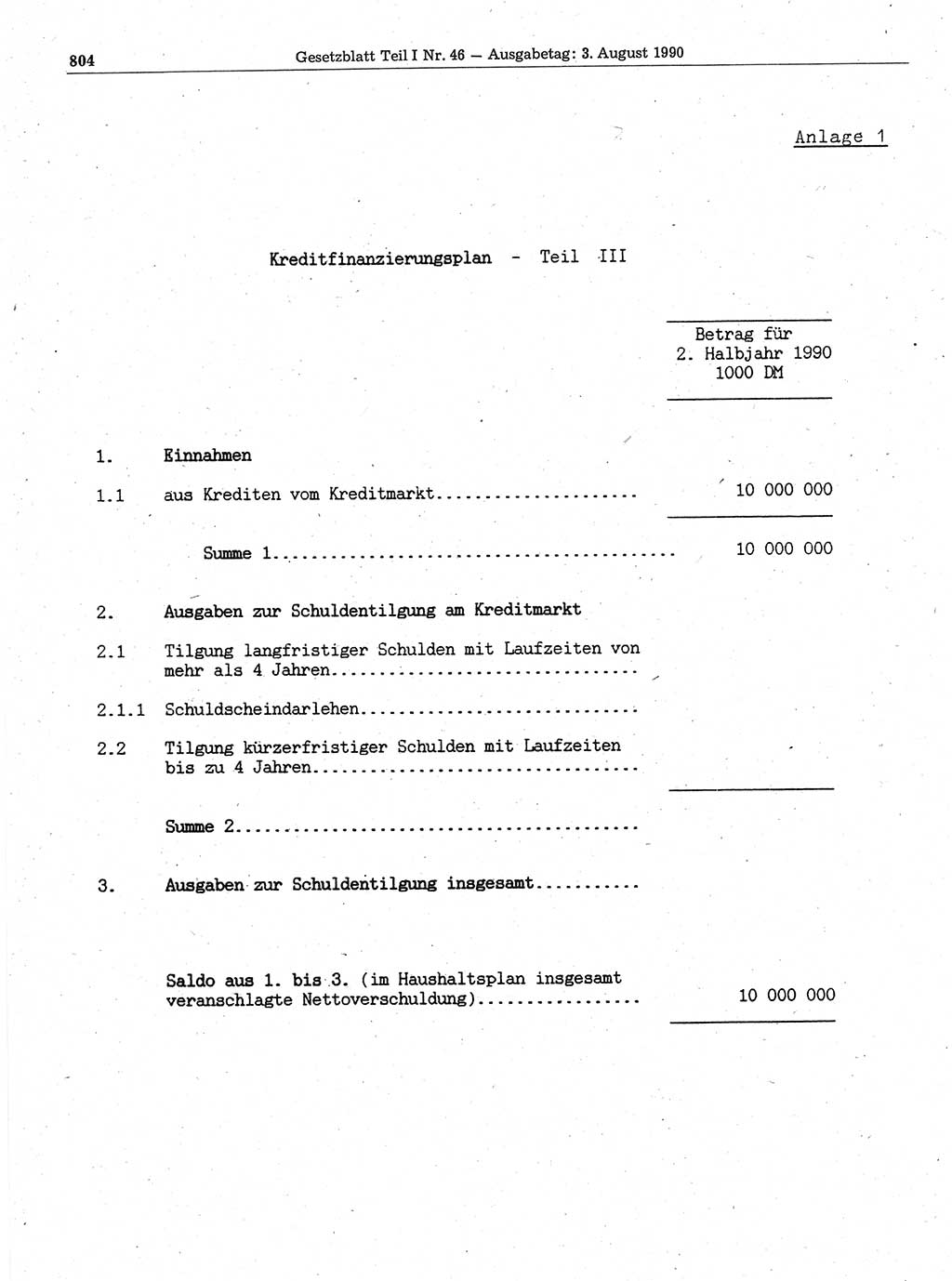 Gesetzblatt (GBl.) der Deutschen Demokratischen Republik (DDR) Teil Ⅰ 1990, Seite 804 (GBl. DDR Ⅰ 1990, S. 804)