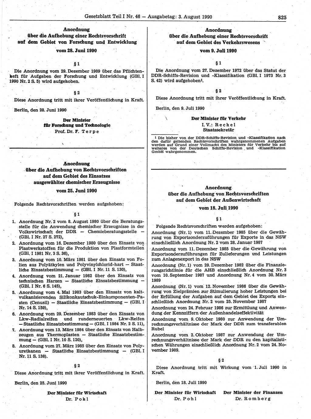 Gesetzblatt (GBl.) der Deutschen Demokratischen Republik (DDR) Teil Ⅰ 1990, Seite 825 (GBl. DDR Ⅰ 1990, S. 825)
