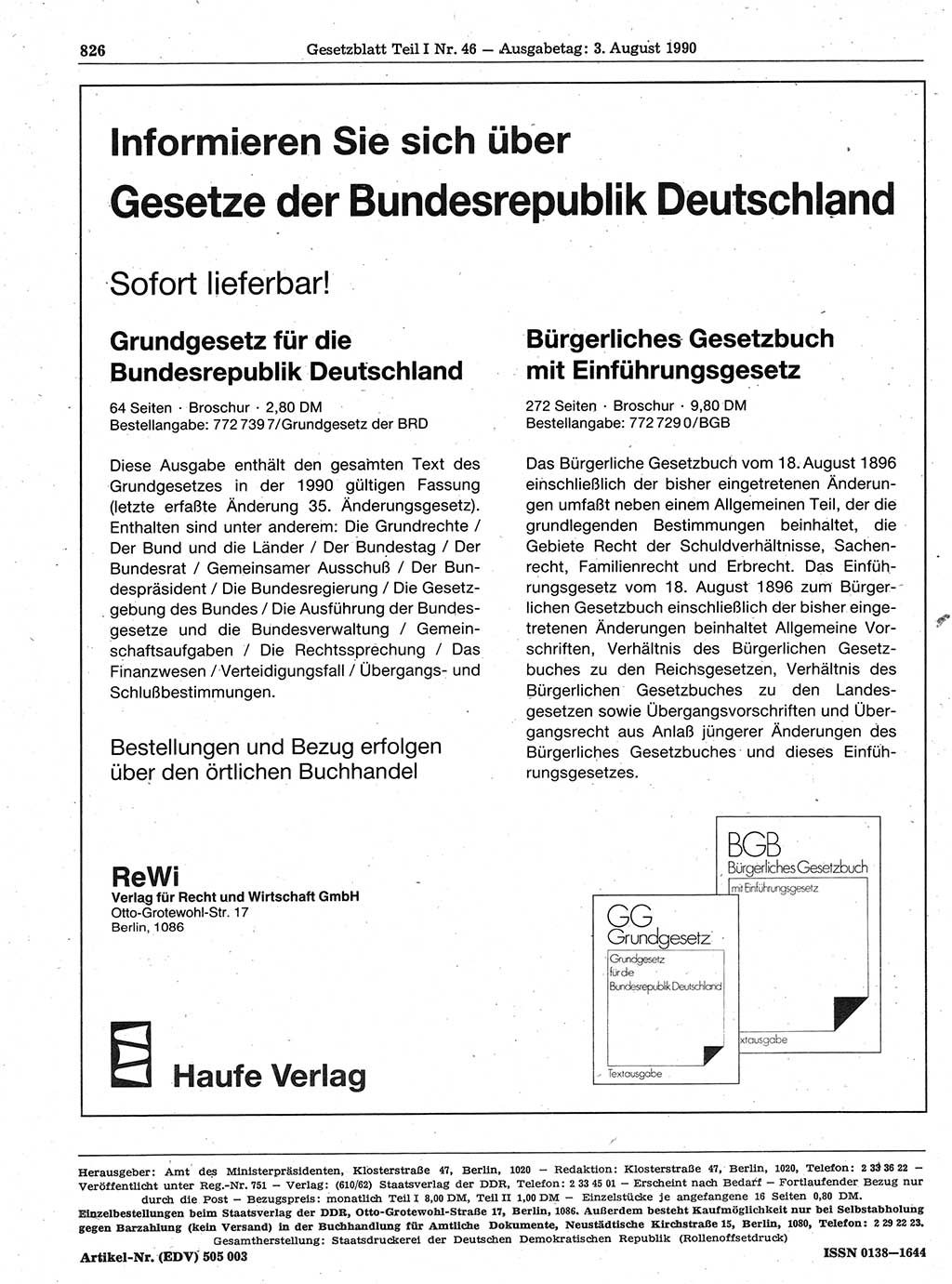 Gesetzblatt (GBl.) der Deutschen Demokratischen Republik (DDR) Teil Ⅰ 1990, Seite 826 (GBl. DDR Ⅰ 1990, S. 826)