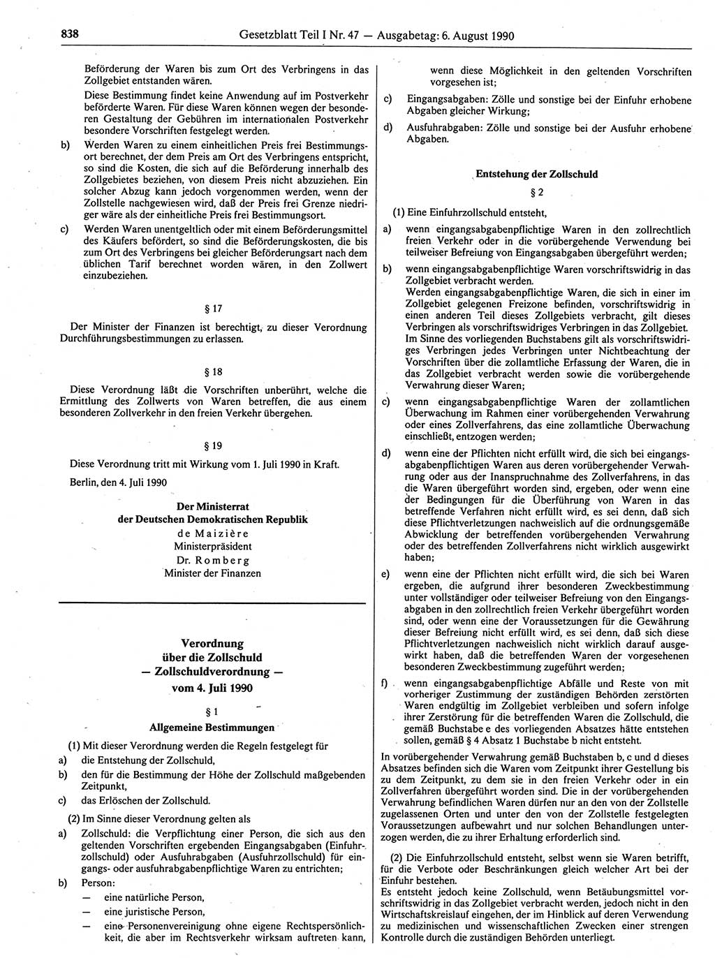 Gesetzblatt (GBl.) der Deutschen Demokratischen Republik (DDR) Teil Ⅰ 1990, Seite 838 (GBl. DDR Ⅰ 1990, S. 838)
