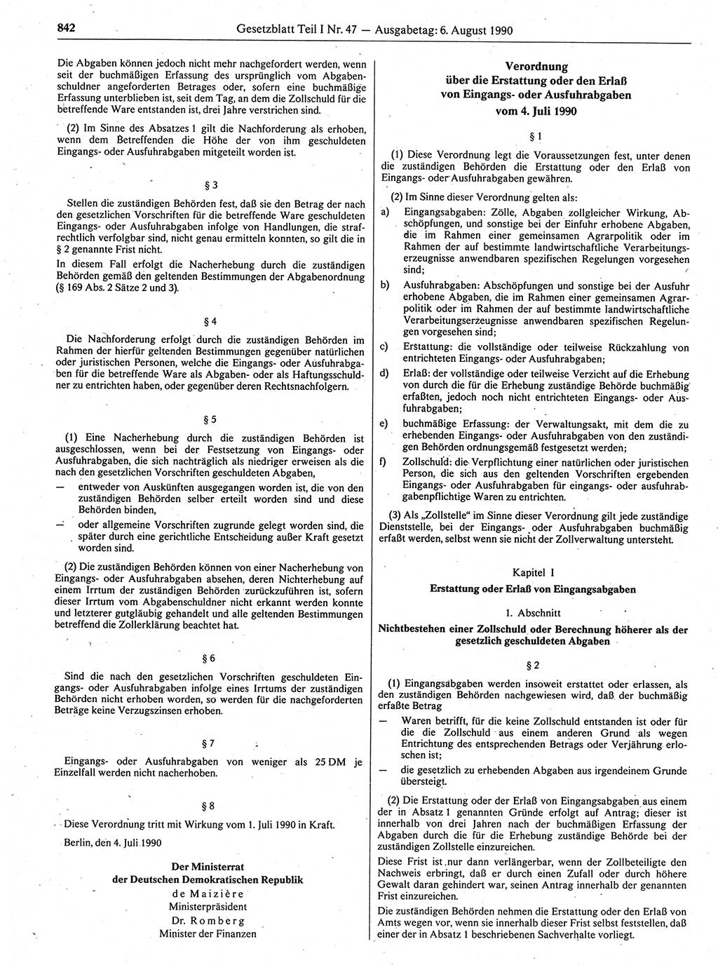 Gesetzblatt (GBl.) der Deutschen Demokratischen Republik (DDR) Teil Ⅰ 1990, Seite 842 (GBl. DDR Ⅰ 1990, S. 842)