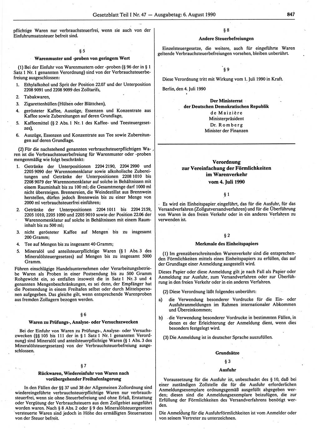 Gesetzblatt (GBl.) der Deutschen Demokratischen Republik (DDR) Teil Ⅰ 1990, Seite 847 (GBl. DDR Ⅰ 1990, S. 847)