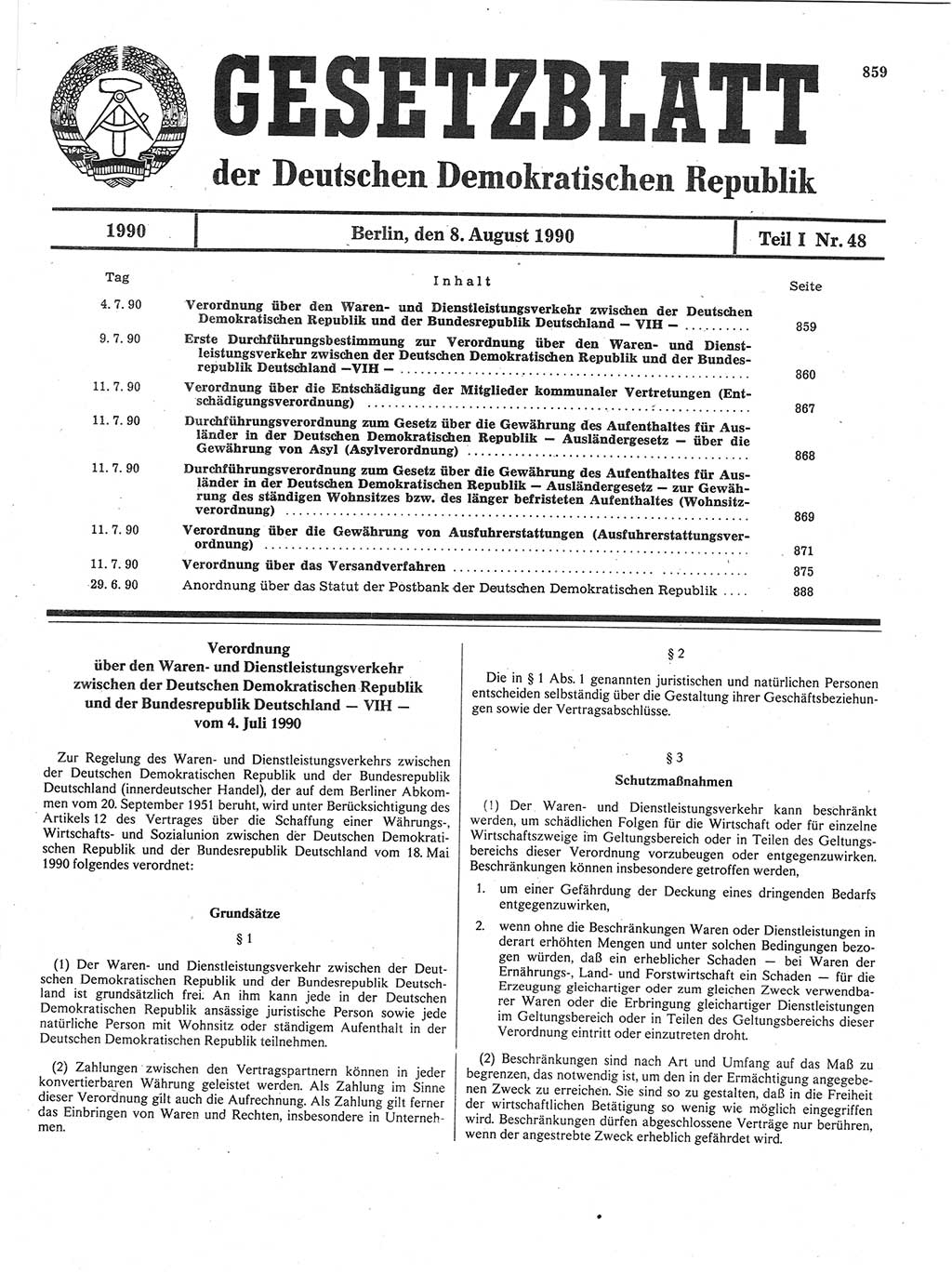 Gesetzblatt (GBl.) der Deutschen Demokratischen Republik (DDR) Teil Ⅰ 1990, Seite 859 (GBl. DDR Ⅰ 1990, S. 859)