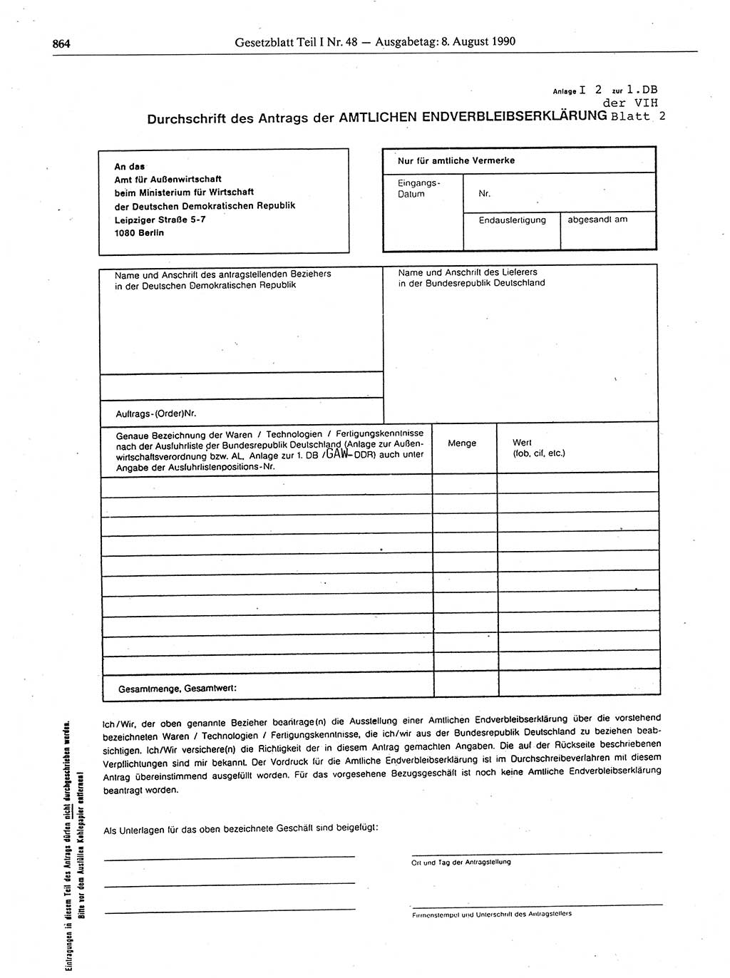 Gesetzblatt (GBl.) der Deutschen Demokratischen Republik (DDR) Teil Ⅰ 1990, Seite 864 (GBl. DDR Ⅰ 1990, S. 864)