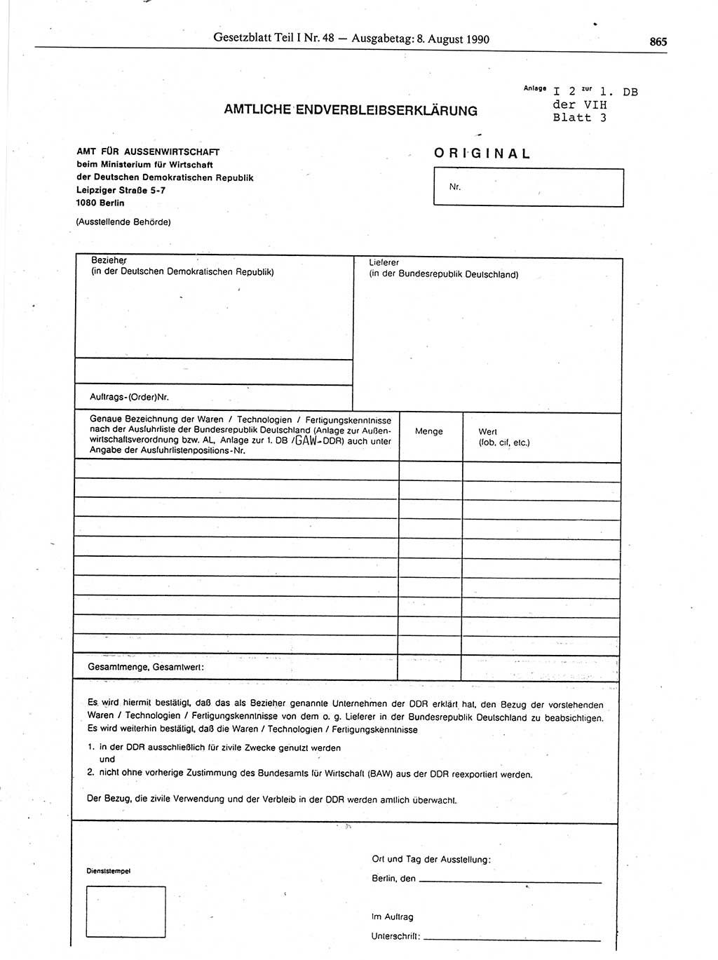 Gesetzblatt (GBl.) der Deutschen Demokratischen Republik (DDR) Teil Ⅰ 1990, Seite 865 (GBl. DDR Ⅰ 1990, S. 865)