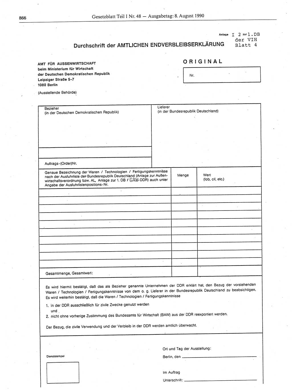 Gesetzblatt (GBl.) der Deutschen Demokratischen Republik (DDR) Teil Ⅰ 1990, Seite 866 (GBl. DDR Ⅰ 1990, S. 866)