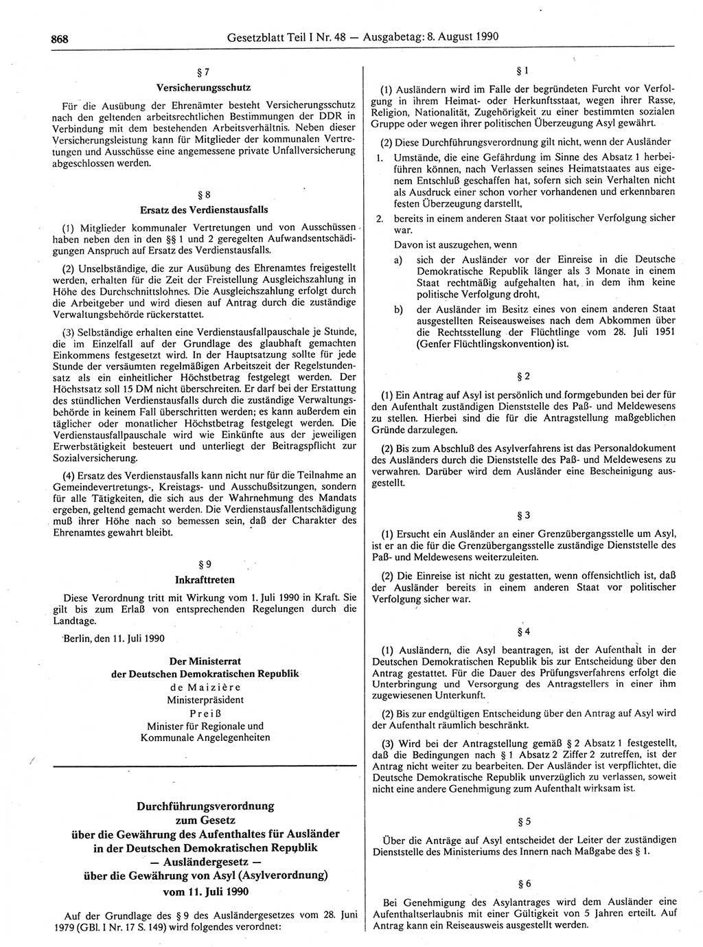 Gesetzblatt (GBl.) der Deutschen Demokratischen Republik (DDR) Teil Ⅰ 1990, Seite 868 (GBl. DDR Ⅰ 1990, S. 868)