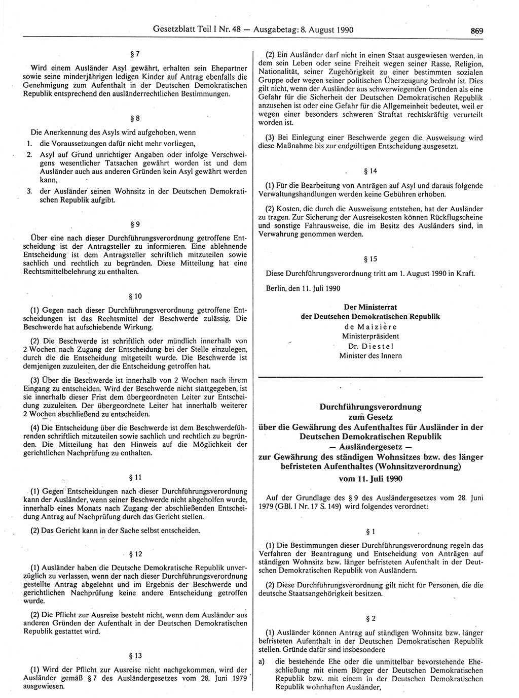 Gesetzblatt (GBl.) der Deutschen Demokratischen Republik (DDR) Teil Ⅰ 1990, Seite 869 (GBl. DDR Ⅰ 1990, S. 869)